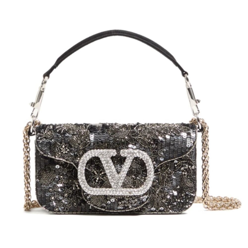 NEW VALENTINO $5200 BLACK SEQUIN SWAROVSKI CRYSTAL V LOCO BEADED BAG PURSE AUTH!